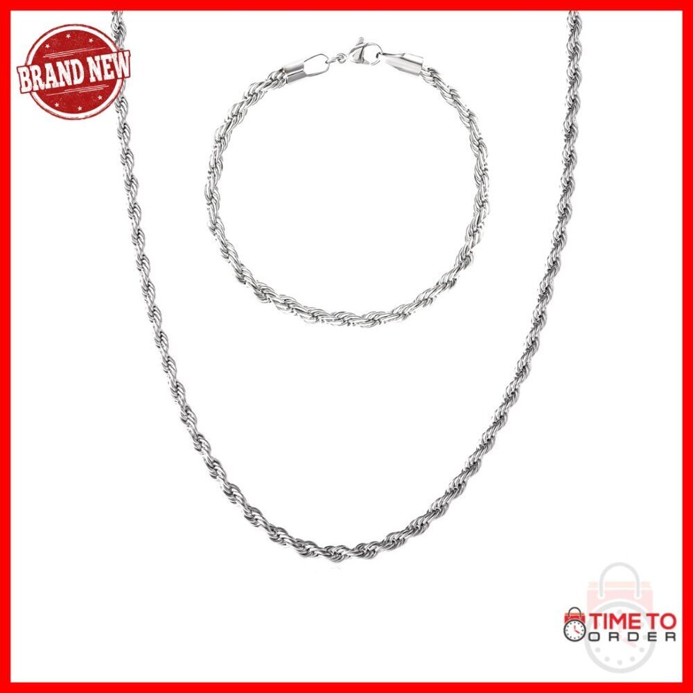 Stainless Steel Rope Chain Necklace and Bracelet Set for Men, 22 Inches